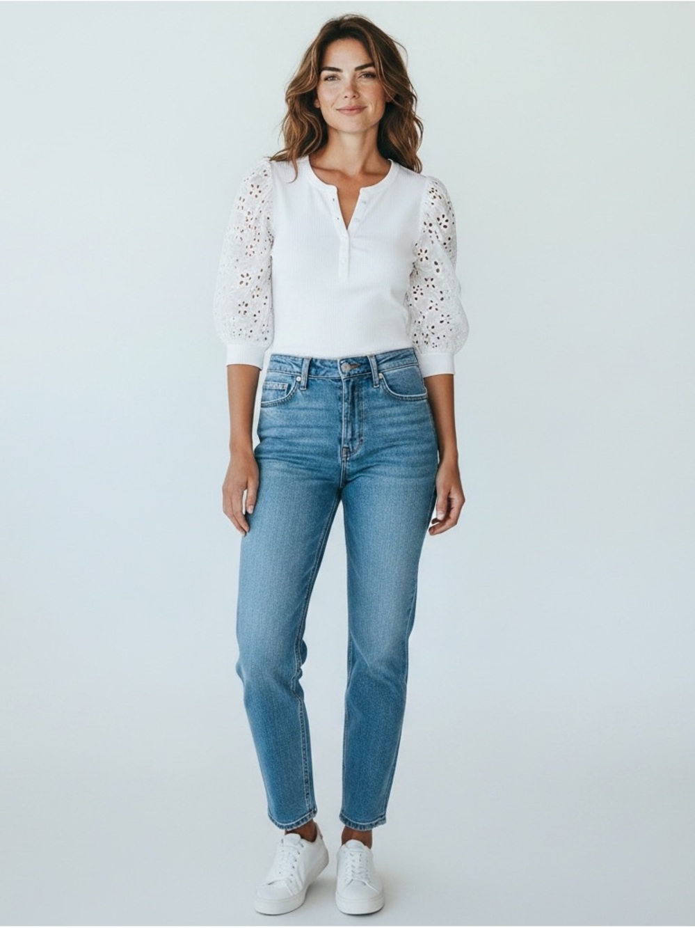 DKNY White Eyelet Puff Sleeve Henley Top NWT Size Small